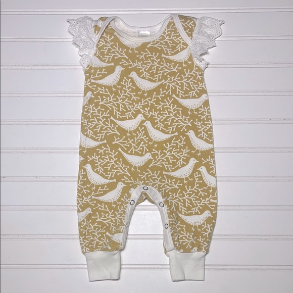 TESA BABE EUC 100% Cotton Sad Beige Bird Ruffle Jumpsuit Romper - Picture 1 of 1